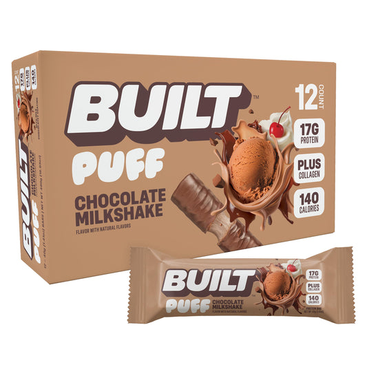 Built Bar Puff chocolate milkshake pack offers a high-protein, on-the-go snack.