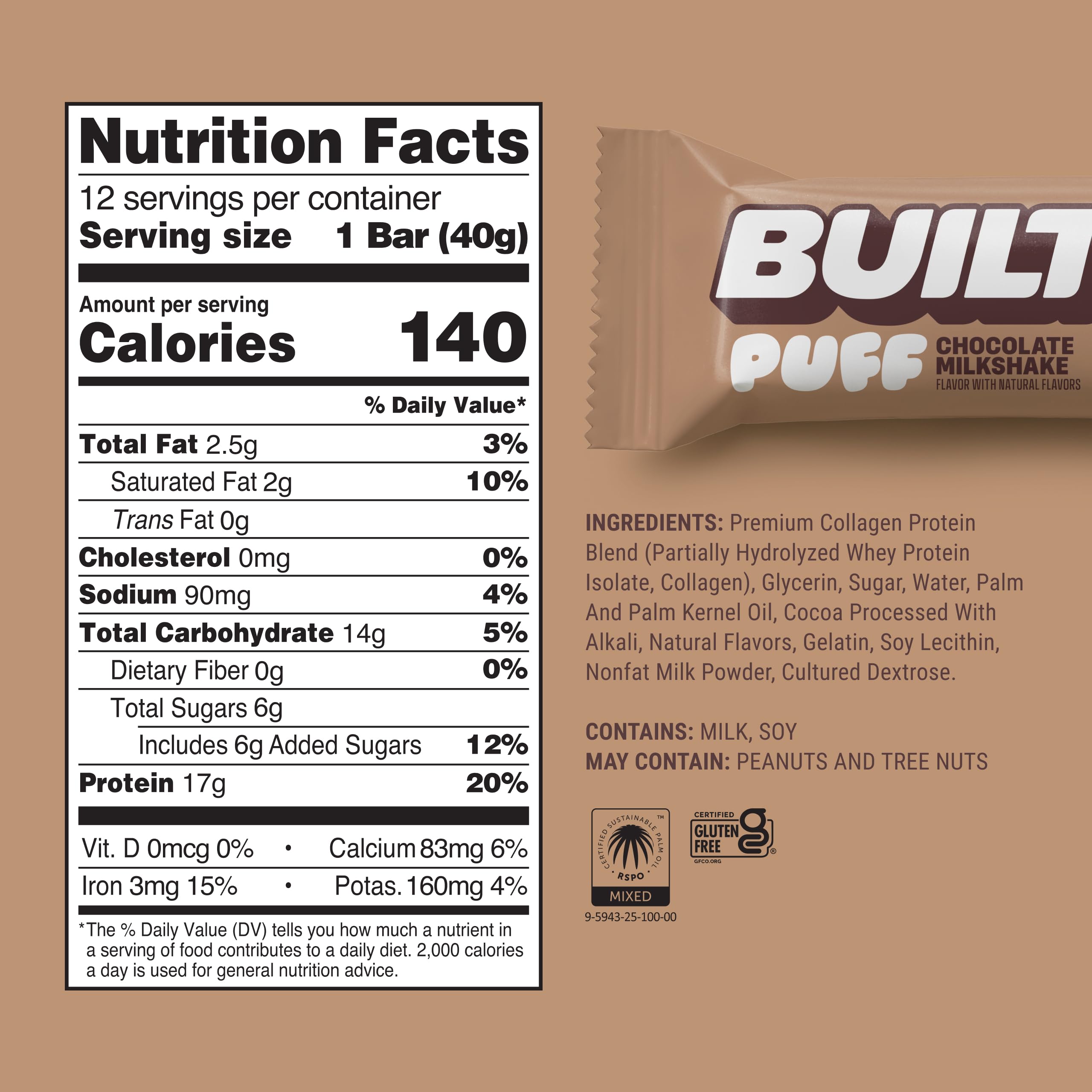 Built Bar Puff chocolate milkshake unwrapped, convenient protein bite between activities.
