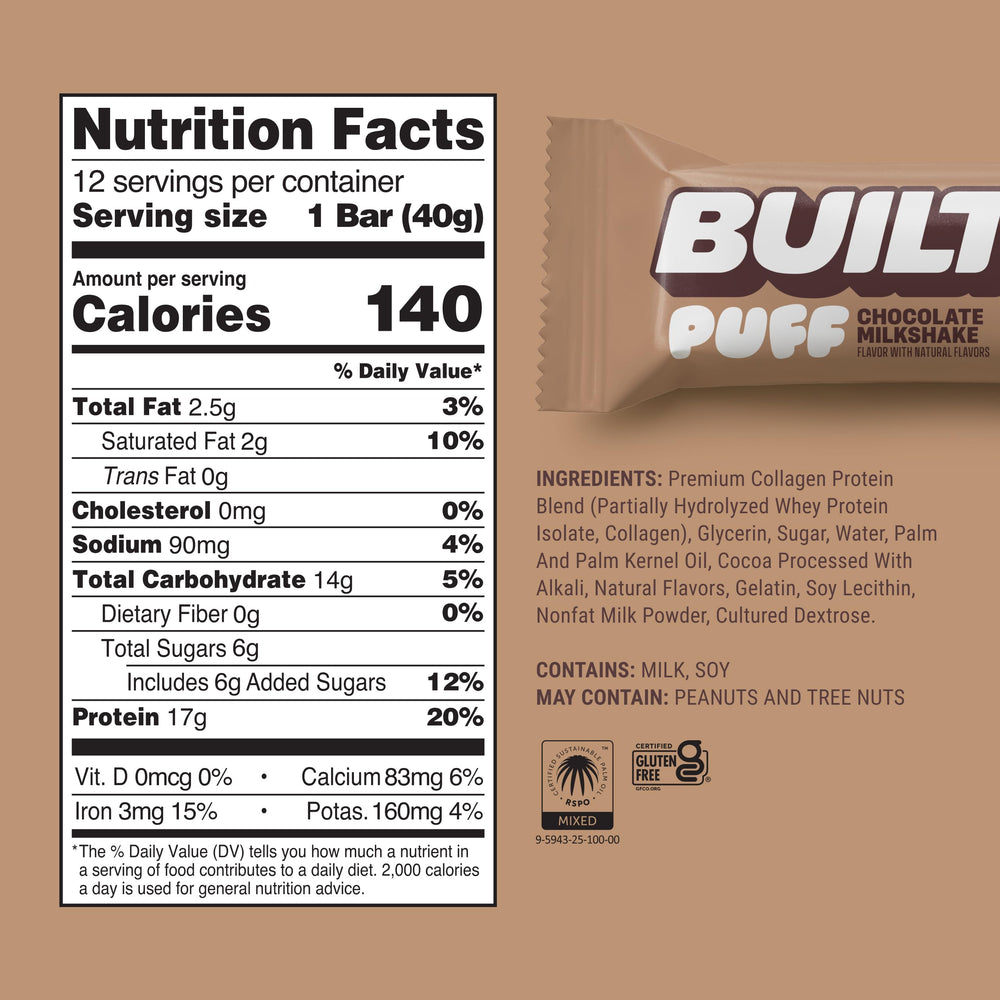 Built Bar Puff chocolate milkshake unwrapped, convenient protein bite between activities.