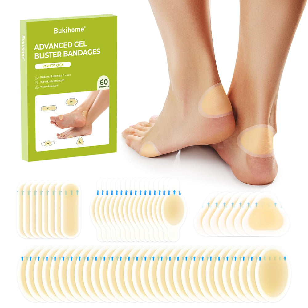 Bukihome Gel Blister Bandages packaging showing portable protection for feet.
