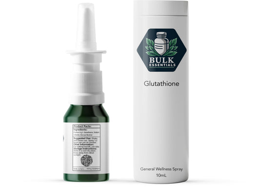 Bulk Essentials Glutathione Spray dose showcases 2 mg per spray for simple dosing.