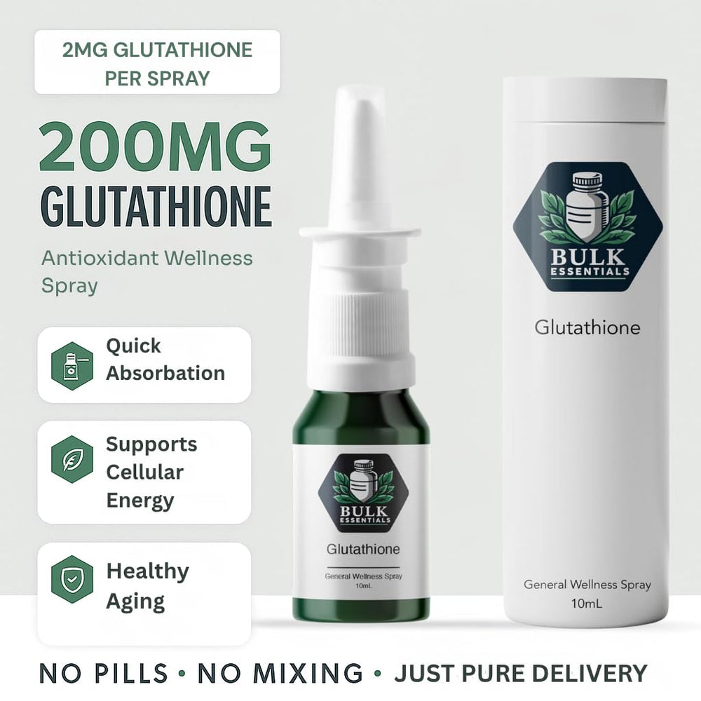 Bulk Essentials Glutathione Spray packaging highlights clean, GMO-free formula.