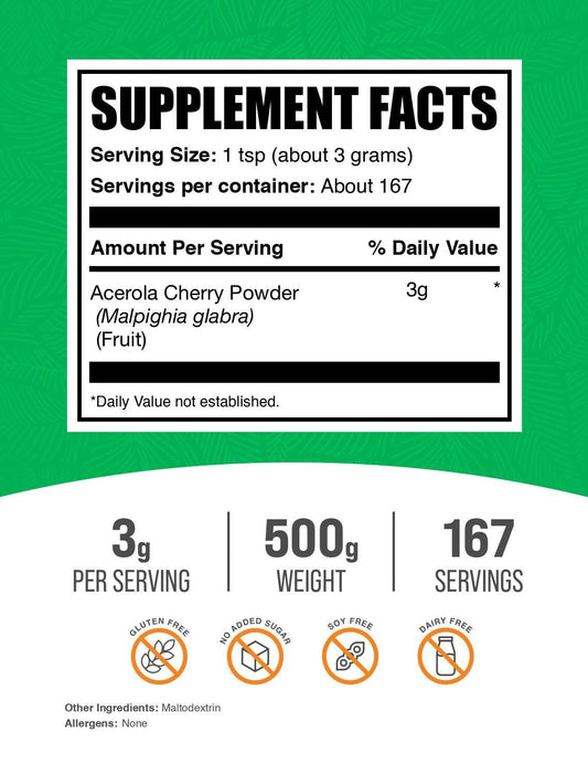 BulkSupplements acerola cherry powder scoop ready for easy mixing into smoothies.