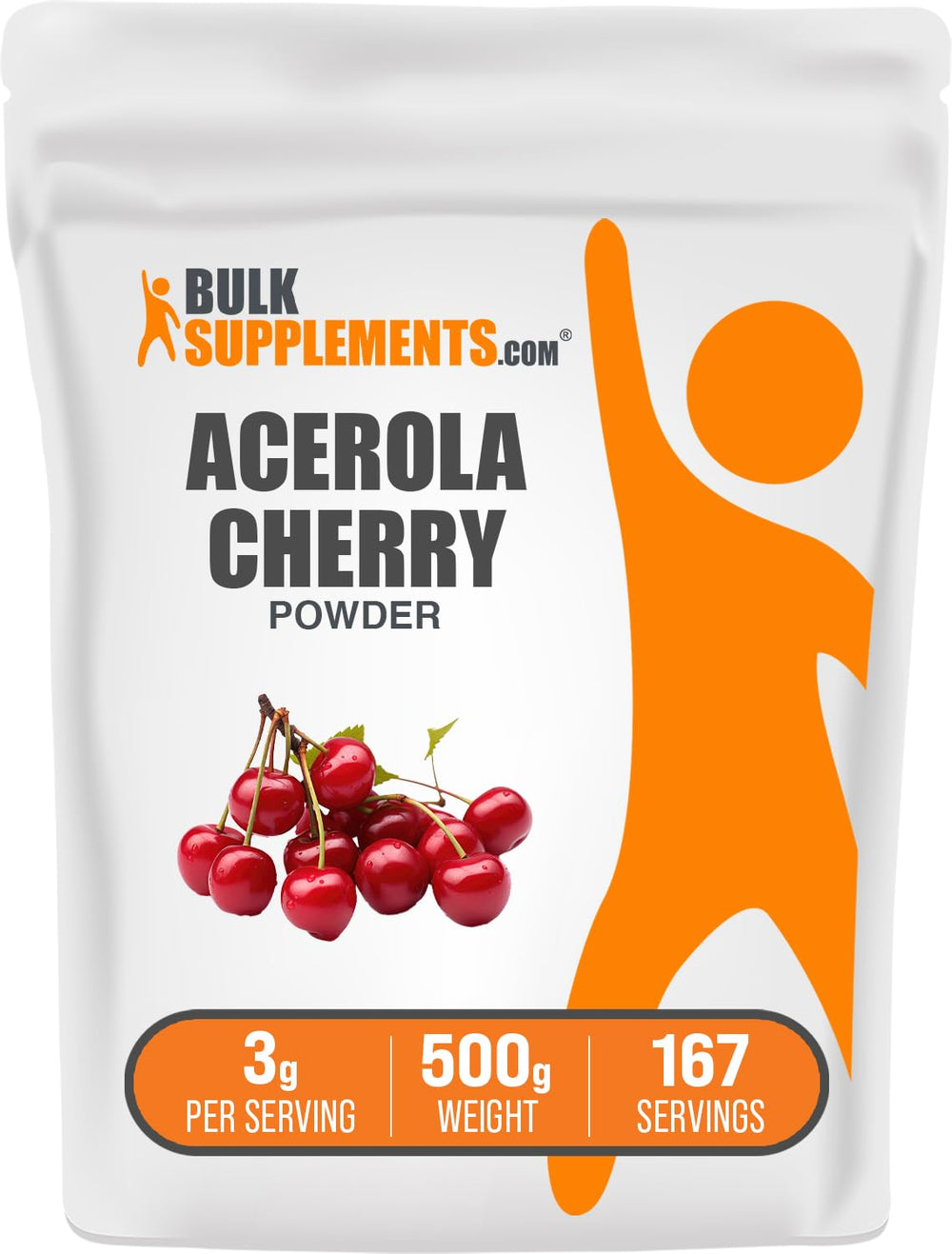 BulkSupplements acerola cherry powder tub closeup highlighting vitamin C-rich powder for daily wellness.