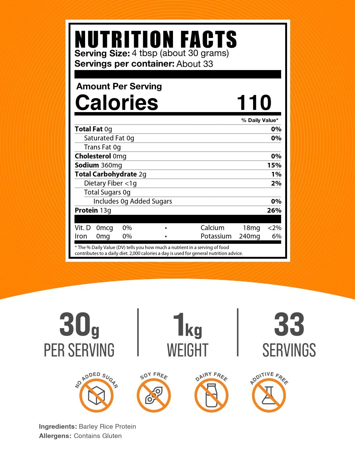 BulkSupplements Barley Rice Protein Powder scoop with 30 g serving