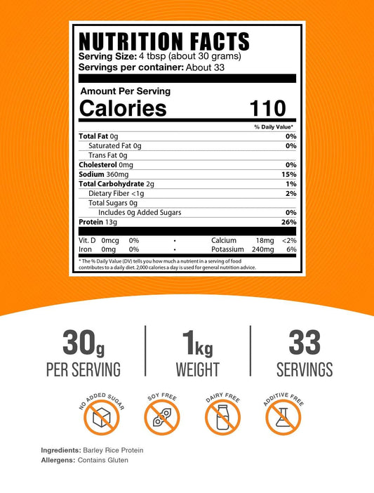 BulkSupplements Barley Rice Protein Powder scoop with 30 g serving