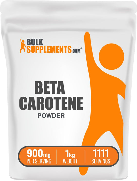 BulkSupplements Beta Carotene powder bottle highlights gluten-free vitamin A support for daily wellness.