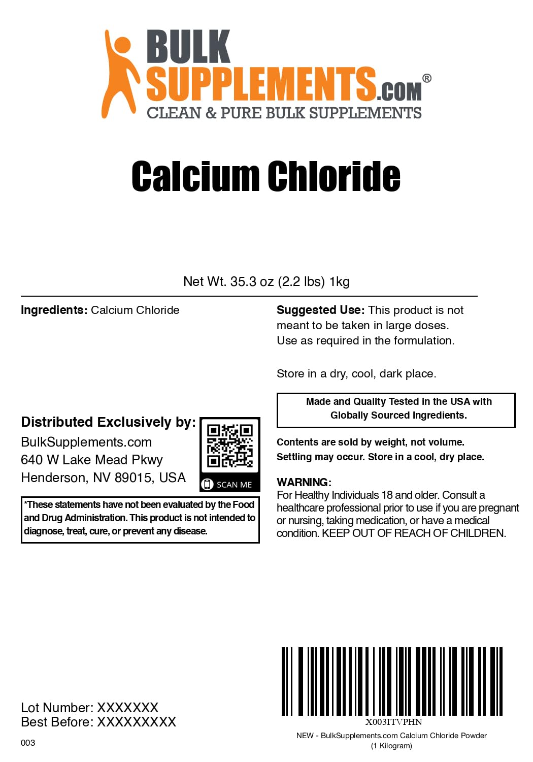 BulkSupplements Calcium Chloride Powder packaging highlights a reliable, gluten-free ingredient for chefs.