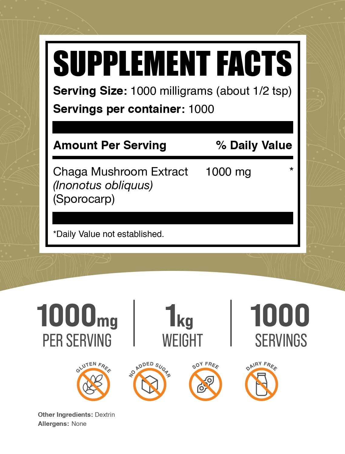 BulkSupplements Chaga Mushroom Extract Powder with scoop emphasizes convenient, measured daily dosage