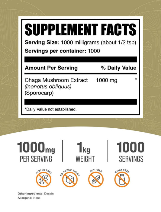 BulkSupplements Chaga Mushroom Extract Powder with scoop emphasizes convenient, measured daily dosage
