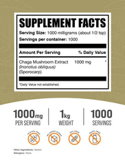 BulkSupplements Chaga Mushroom Extract Powder with scoop emphasizes convenient, measured daily dosage