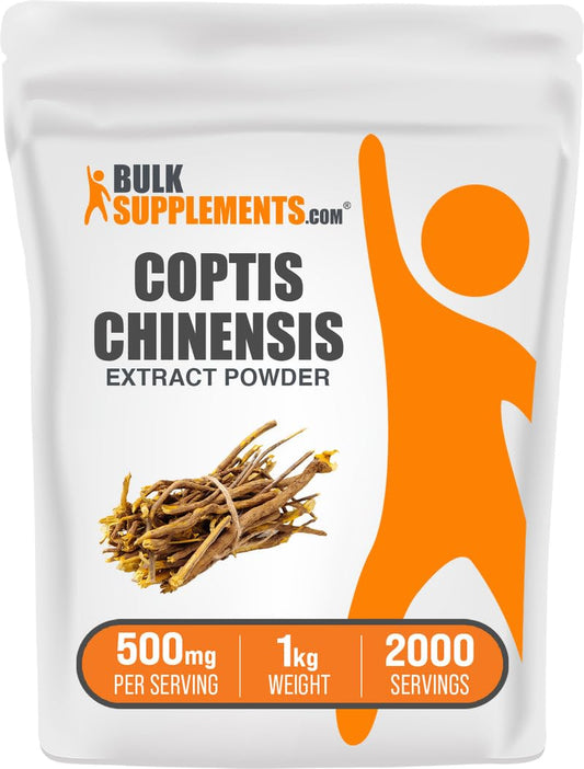 BulkSupplements Coptis Chinensis Extract Powder, fine golden powder ready to mix into beverages.