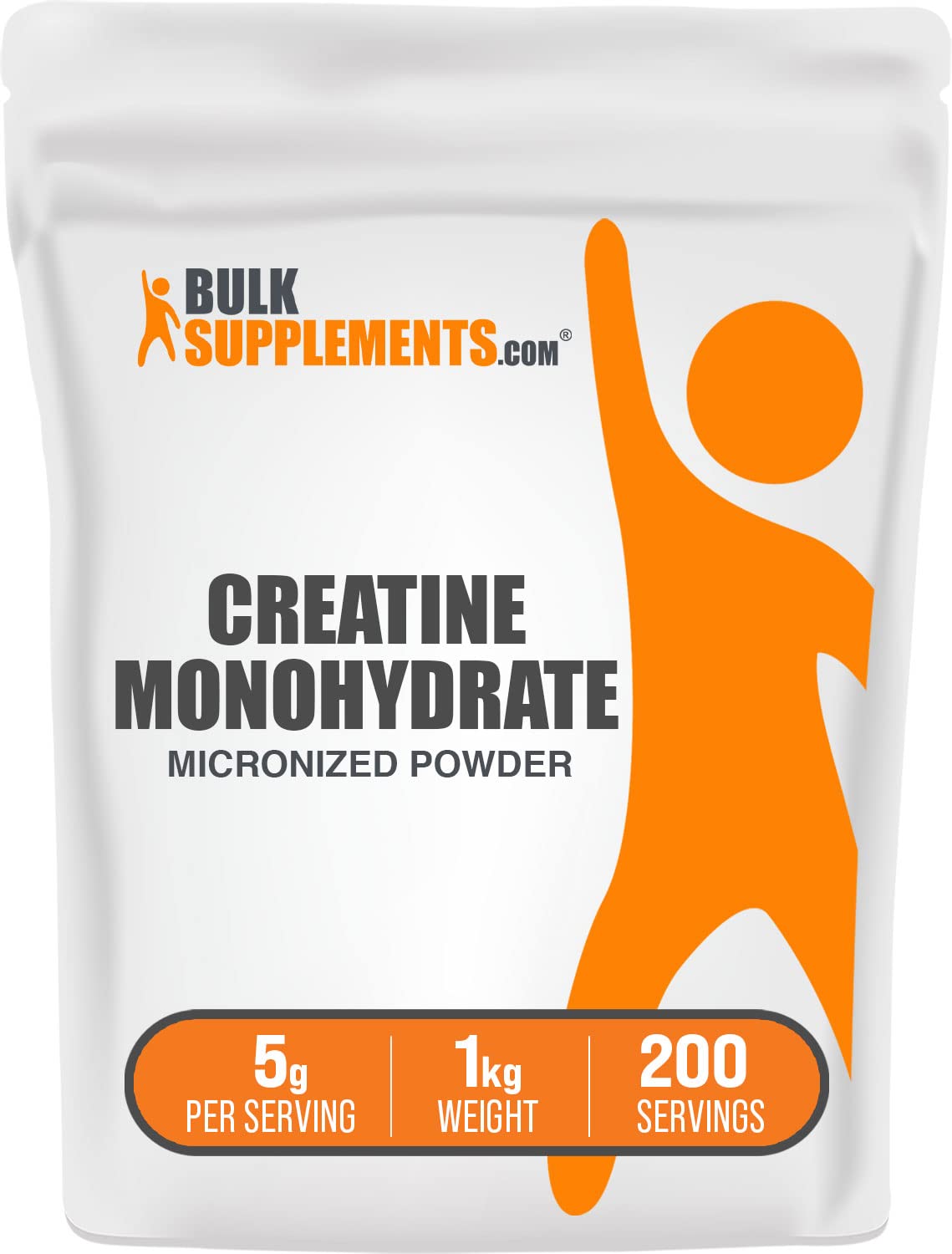 BulkSupplements Creatine Monohydrate powder with scoop ready for a 5g serving for workouts.