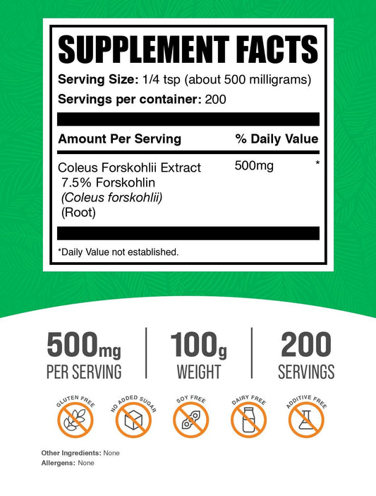 BulkSupplements Forskolin extract powder scoop for simple measurement and mixing.