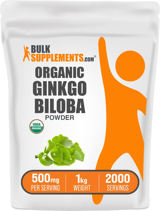 BulkSupplements Organic Ginkgo Biloba powder bottle for daily wellness.