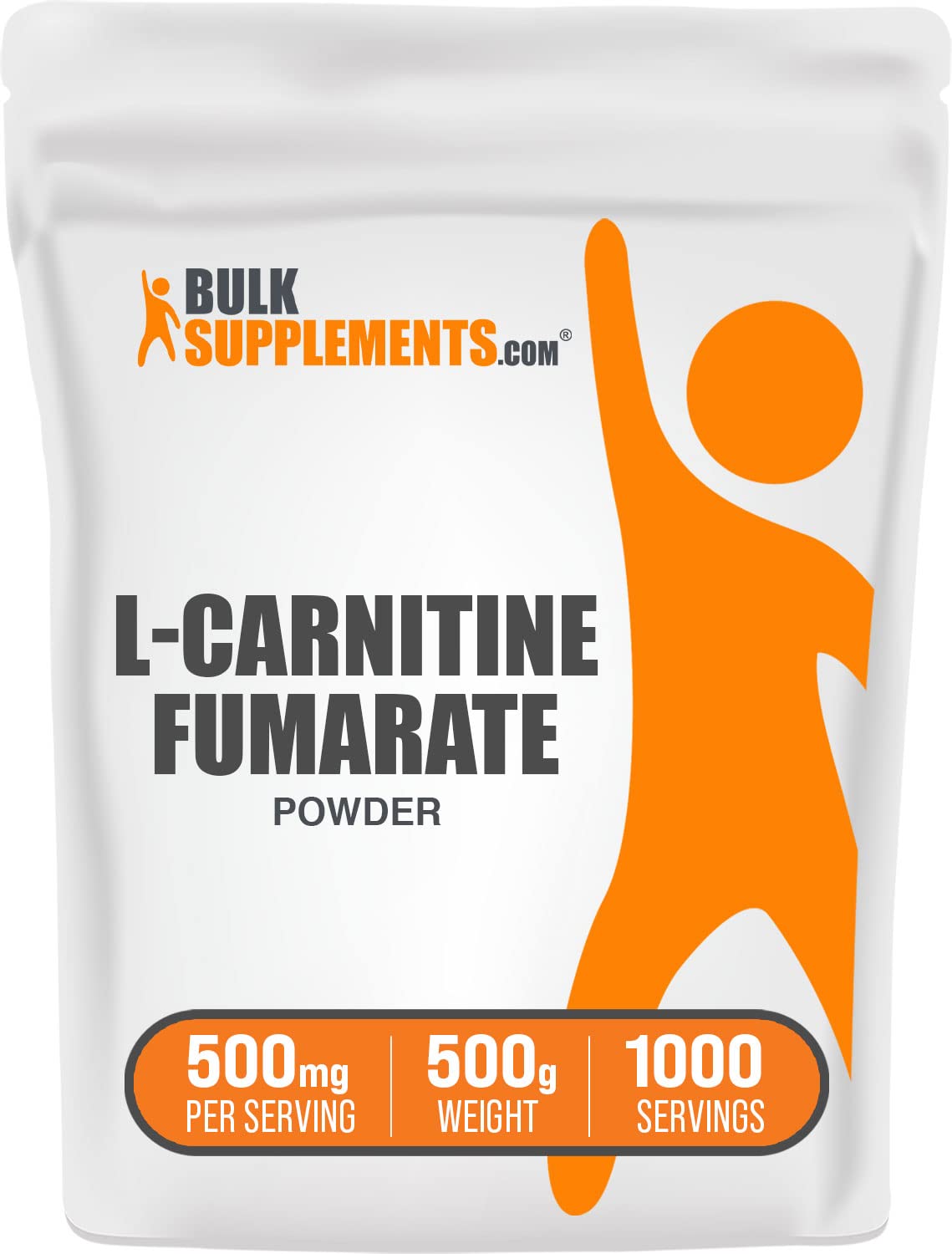 BulkSupplements L-Carnitine Fumarate powder bottle, gluten free and easy to add to shakes.