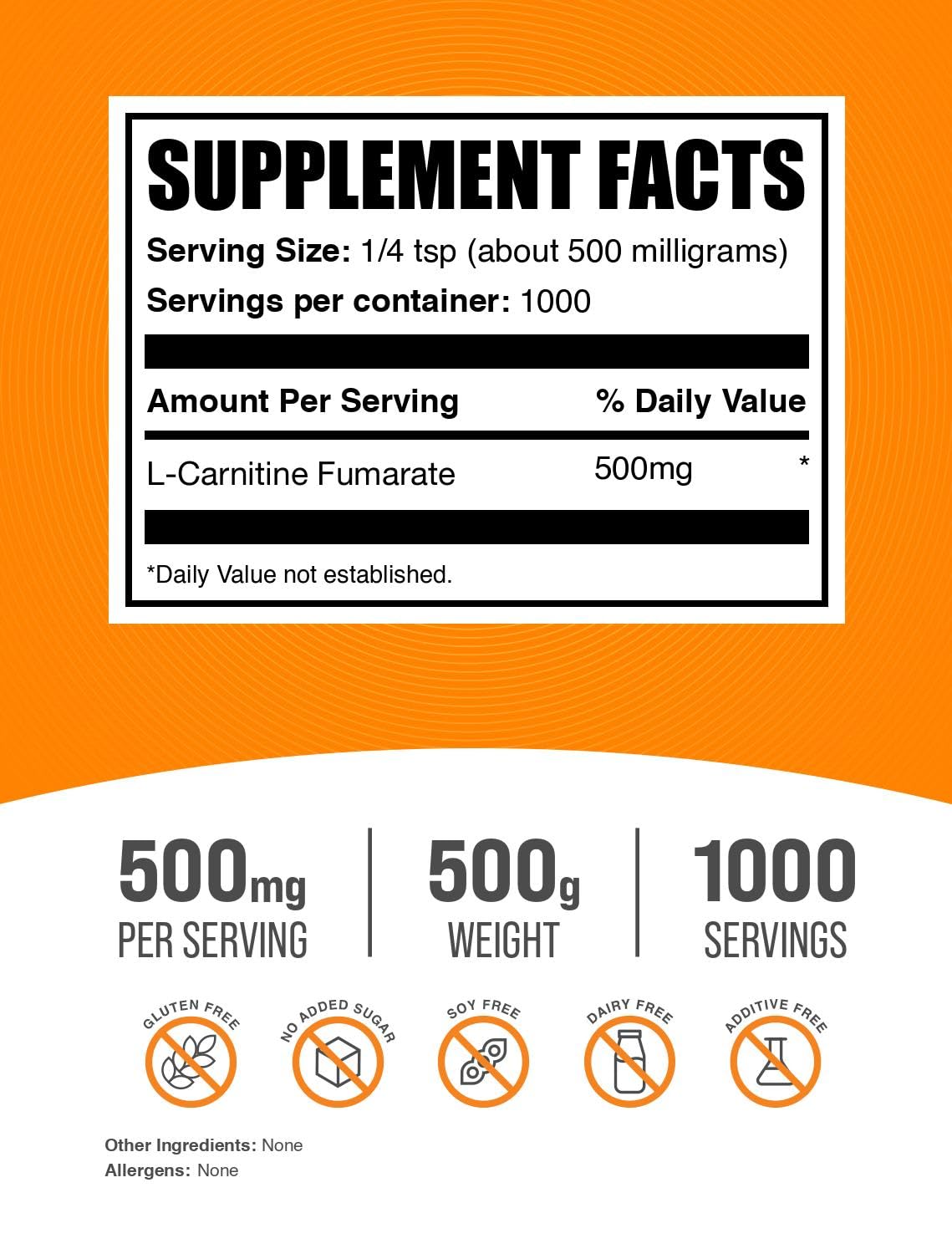 BulkSupplements L-Carnitine Fumarate powder serving scoop for precise 500mg doses.
