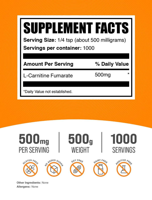 BulkSupplements L-Carnitine Fumarate powder serving scoop for precise 500mg doses.