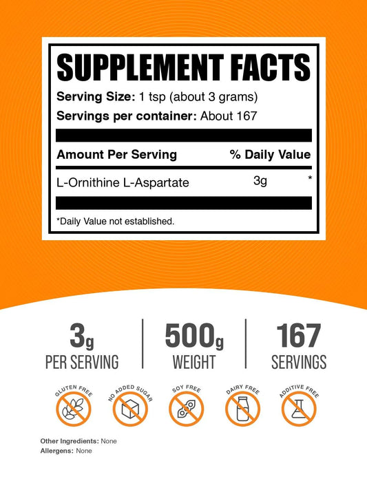 Scoop of BulkSupplements L-Ornithine L-Aspartate powder for convenient serving