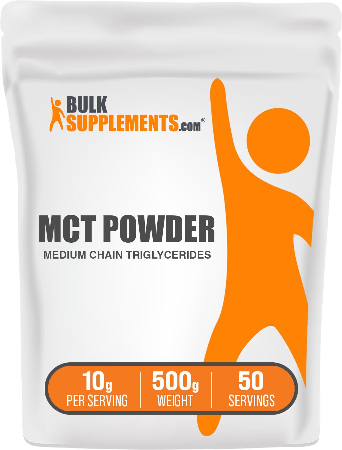 BulkSupplements MCT Powder bottle front view, gluten-free option for easy daily energy.