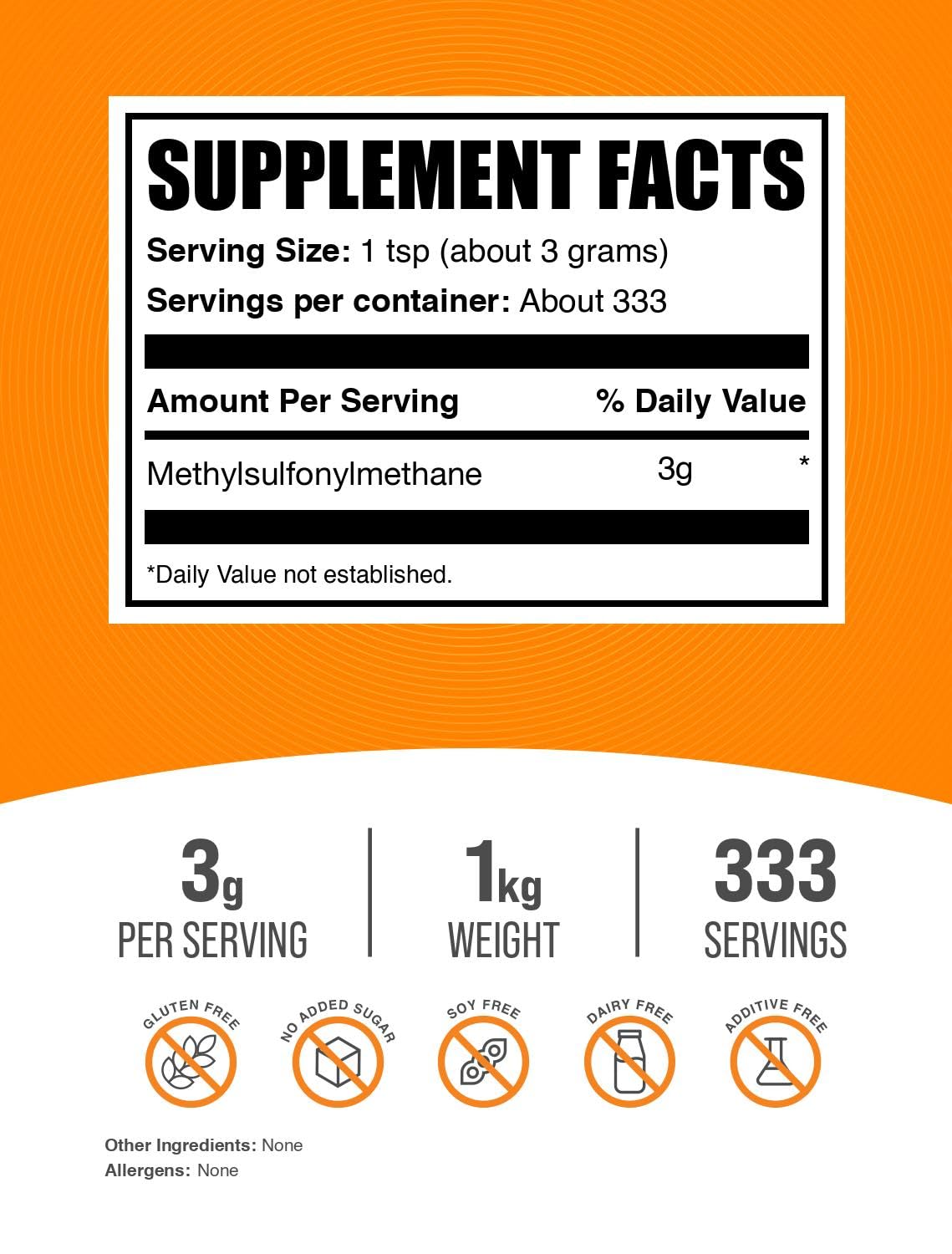 BulkSupplements MSM powder scoop shows convenient 3000 mg serving size.