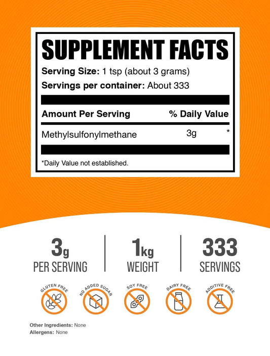 BulkSupplements MSM powder scoop shows convenient 3000 mg serving size.