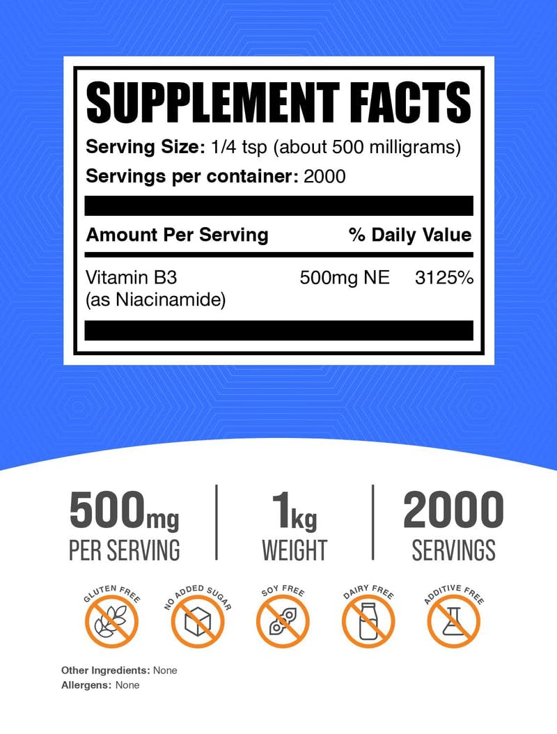 Niacinamide powder scoop showing precise 500 mg servings.