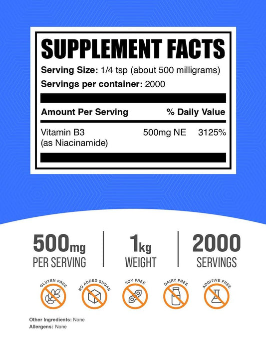 Niacinamide powder scoop showing precise 500 mg servings.
