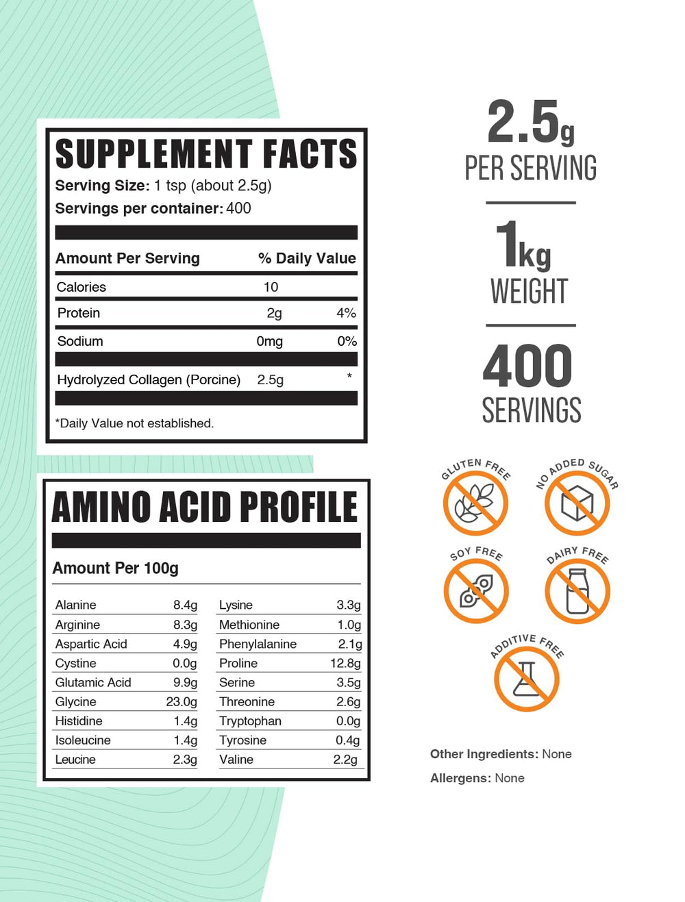 BulkSupplements porcine collagen powder scoop—precise 2.5 g serving for consistency.