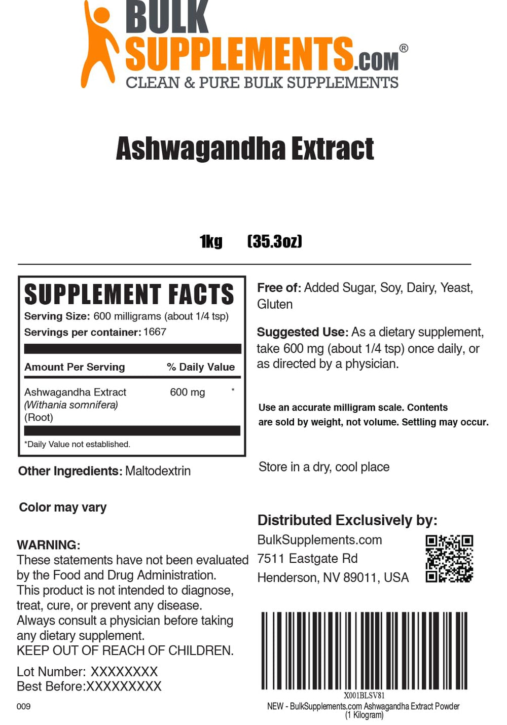 BulkSupplements 1kg packaging for long-term use in daily routines.