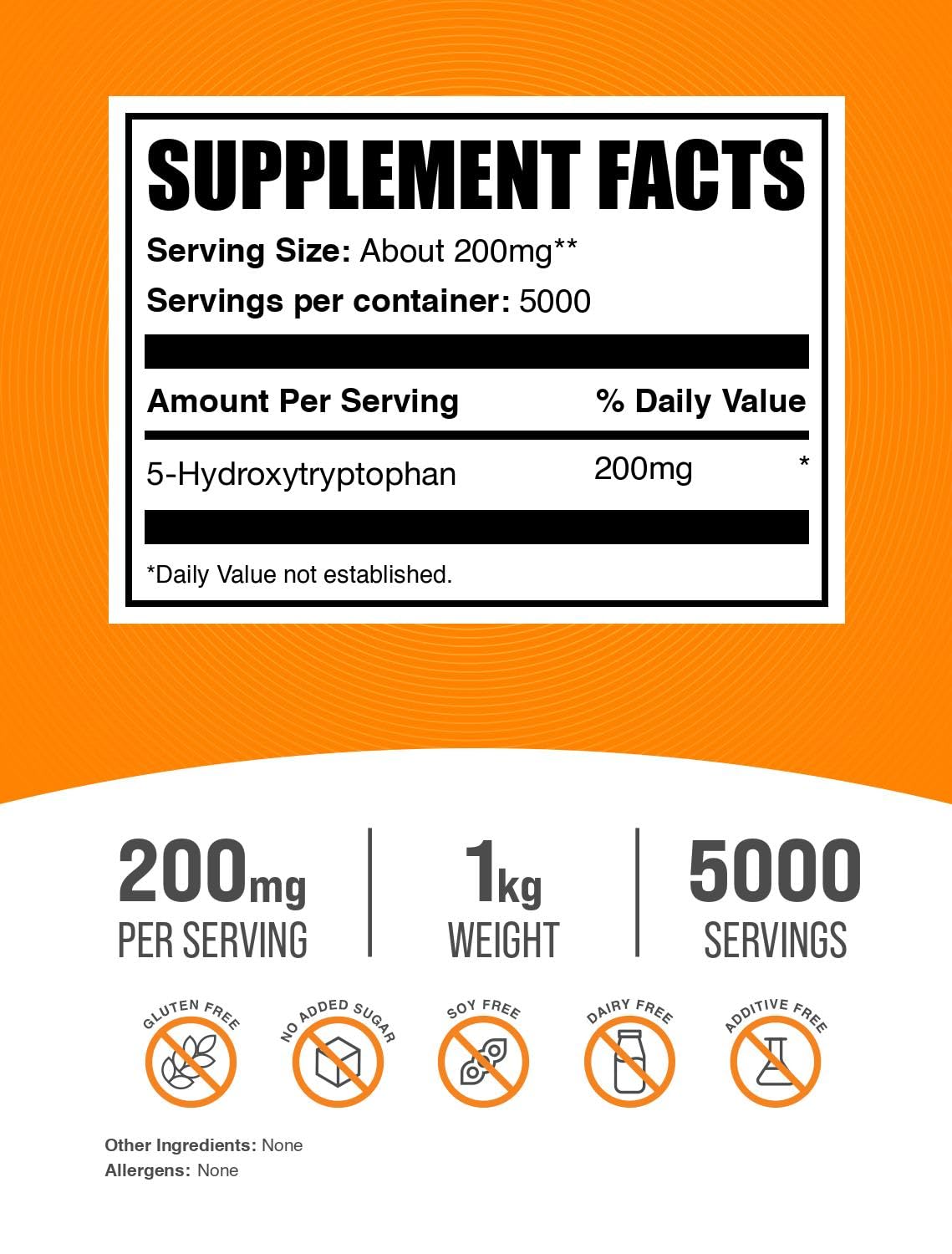 BulkSupplements 5-HTP powder with scoop for convenient serving.
