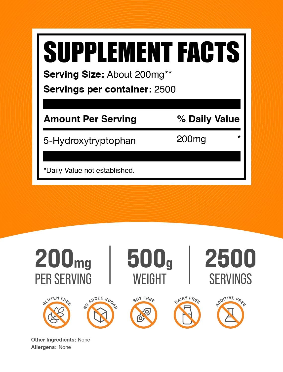 BulkSupplements 5-HTP powder scoop, perfect for precise dosing.