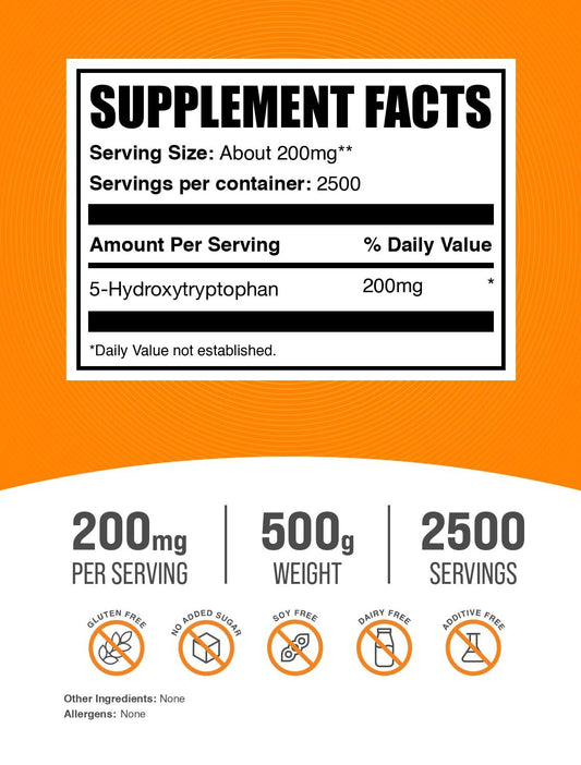 BulkSupplements 5-HTP powder scoop, perfect for precise dosing.