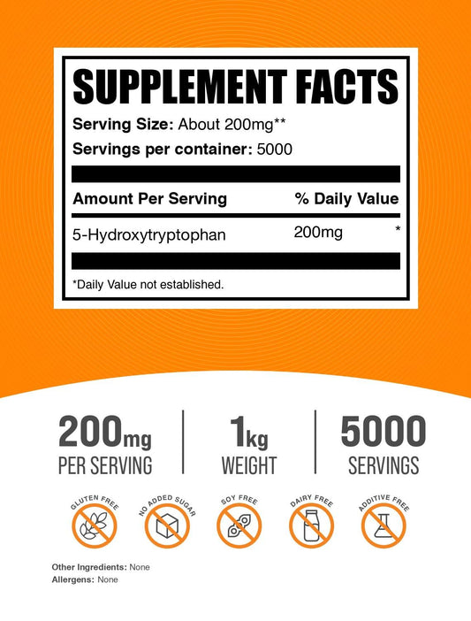 BulkSupplements 5-HTP powder with scoop for convenient serving.