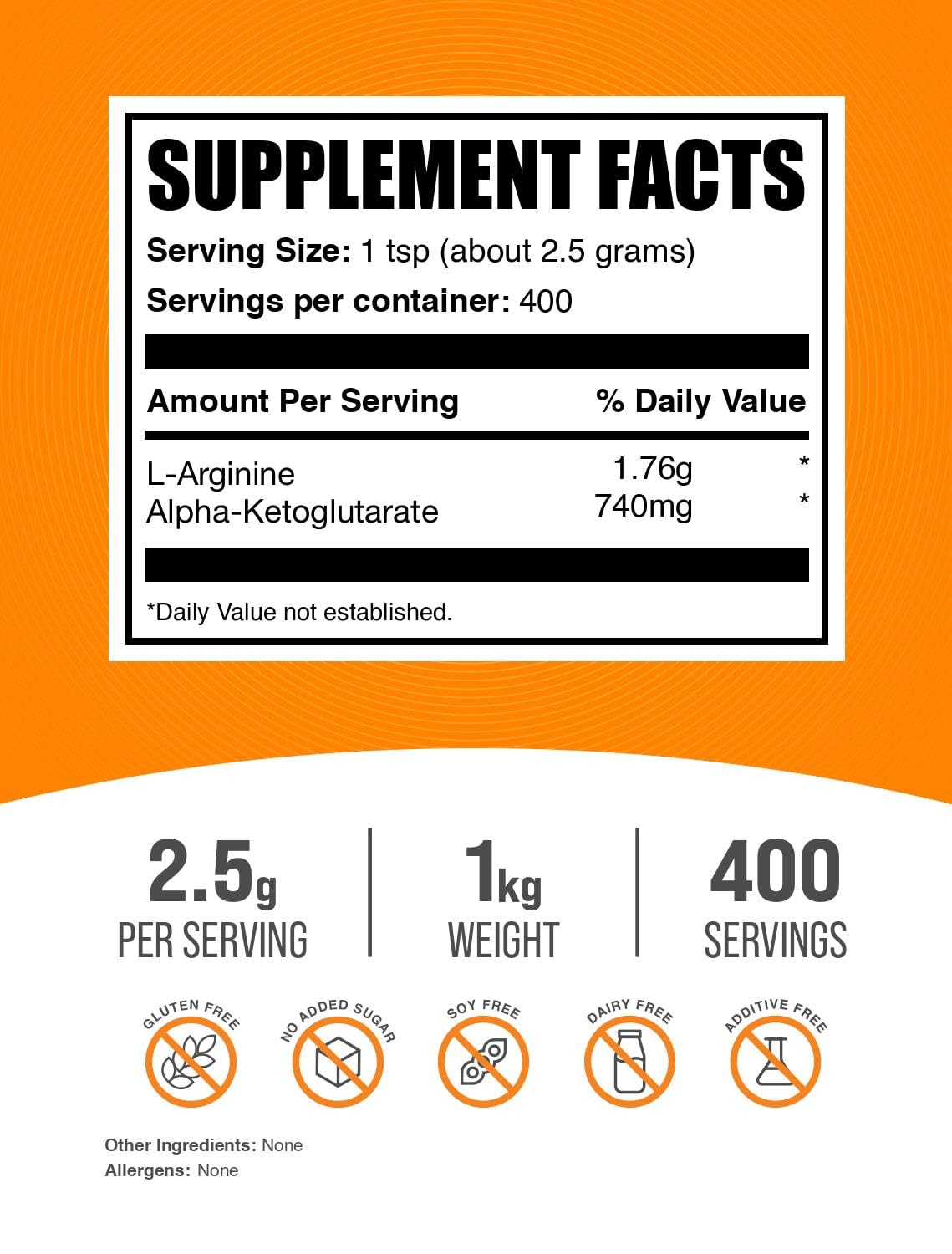 BulkSupplements AAKG powder scoop included for precise 2.5 g servings.