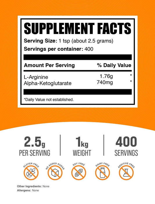 BulkSupplements AAKG powder scoop included for precise 2.5 g servings.