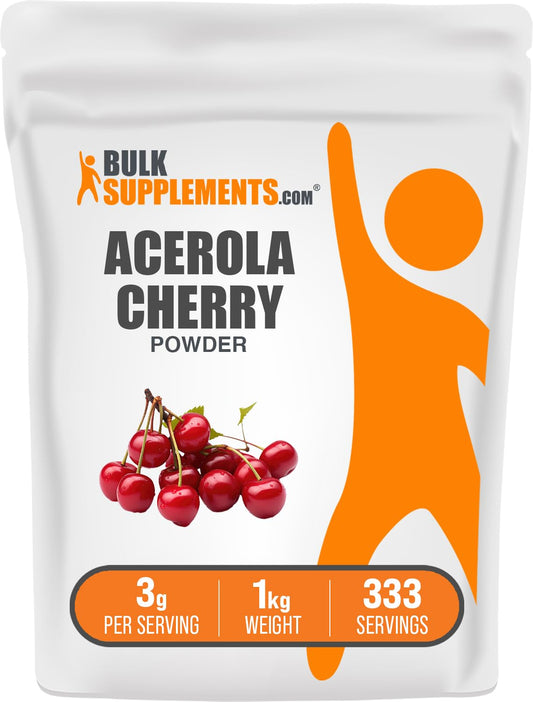 BulkSupplements Acerola Cherry Powder jar showing gluten-free vitamin C support for daily nutrition.