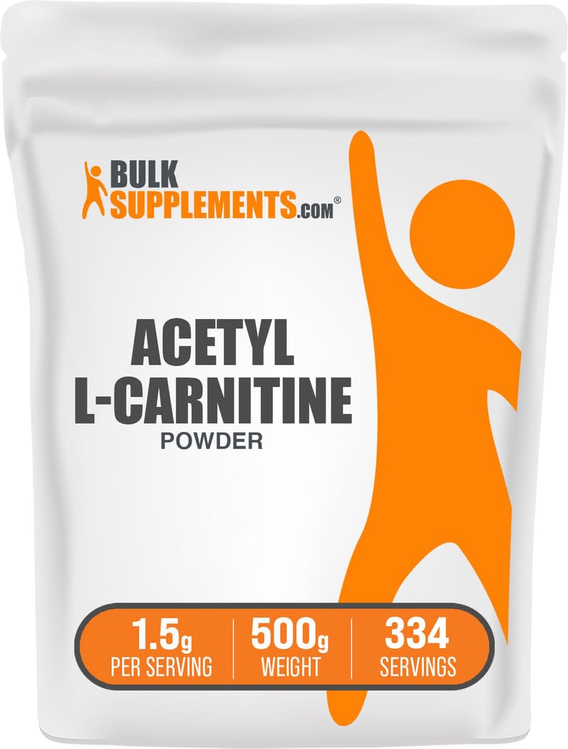 BulkSupplements Acetyl L-Carnitine powder bottle, gluten free and easy to mix with beverages.