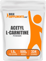 BulkSupplements Acetyl L-Carnitine powder bottle, gluten free and easy to mix with beverages.