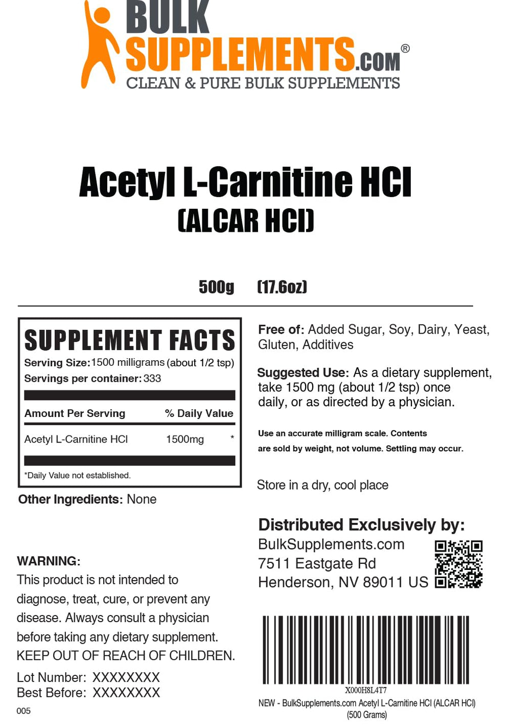 BulkSupplements Acetyl L-Carnitine powder dosing chart for quick reference.