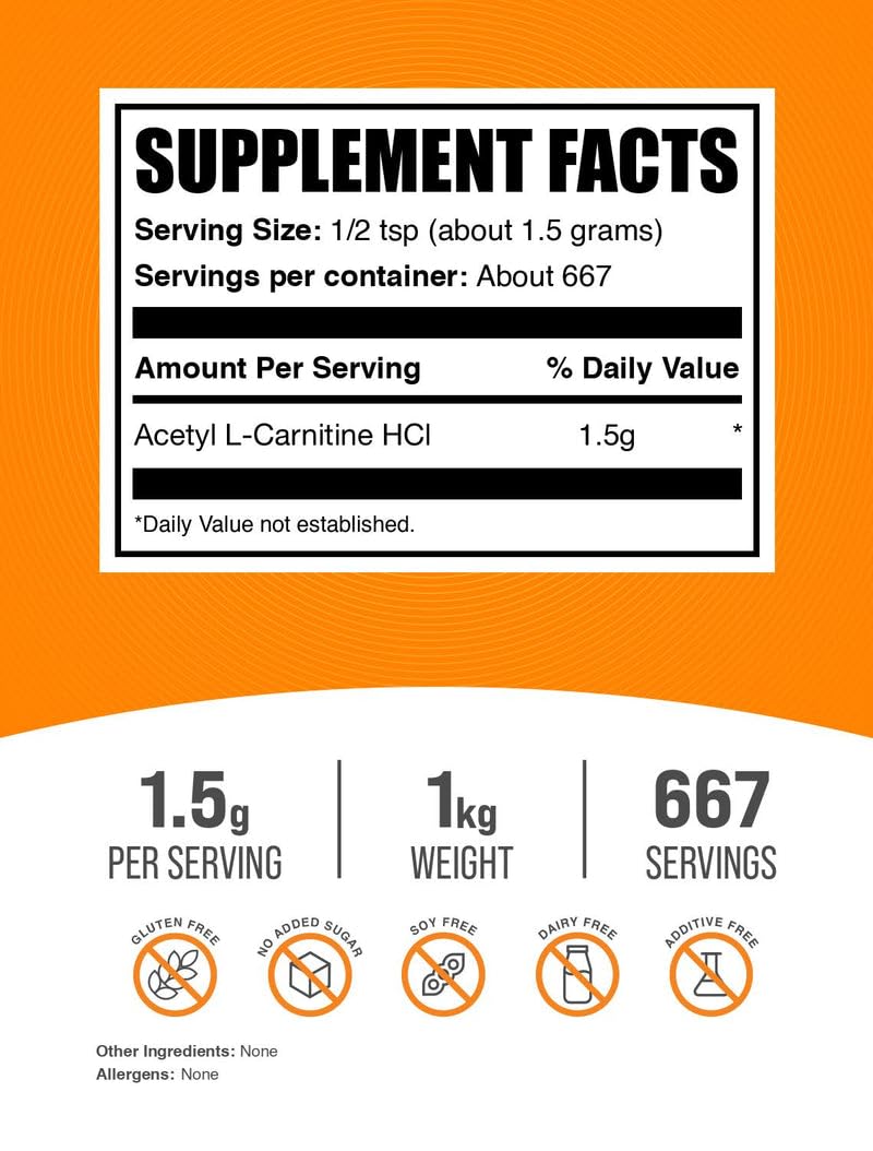 BulkSupplements Acetyl L-Carnitine powder packaging label for consistent use