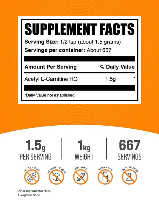 BulkSupplements Acetyl L-Carnitine powder packaging label for consistent use