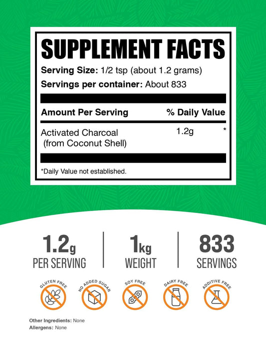 BulkSupplements activated charcoal powder coconut-charcoal close-up for daily vegan gluten-free wellness.