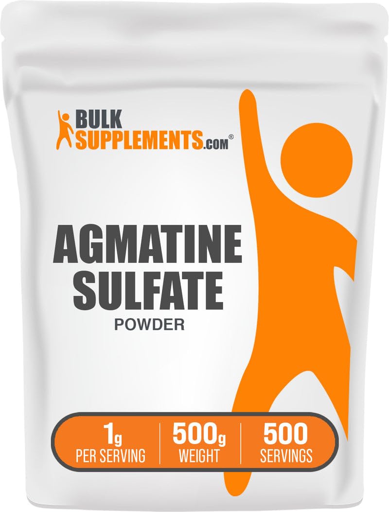 BulkSupplements Agmatine Sulfate powder with scoop for accurate 1g servings, great for workouts