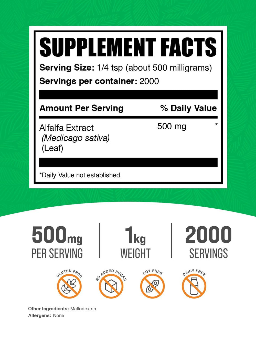 BulkSupplements Alfalfa Extract powder dispensing jar, easy to scoop into drinks.