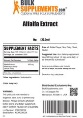 BulkSupplements Alfalfa Extract powder ingredients label highlights vegan, gluten-free formula.