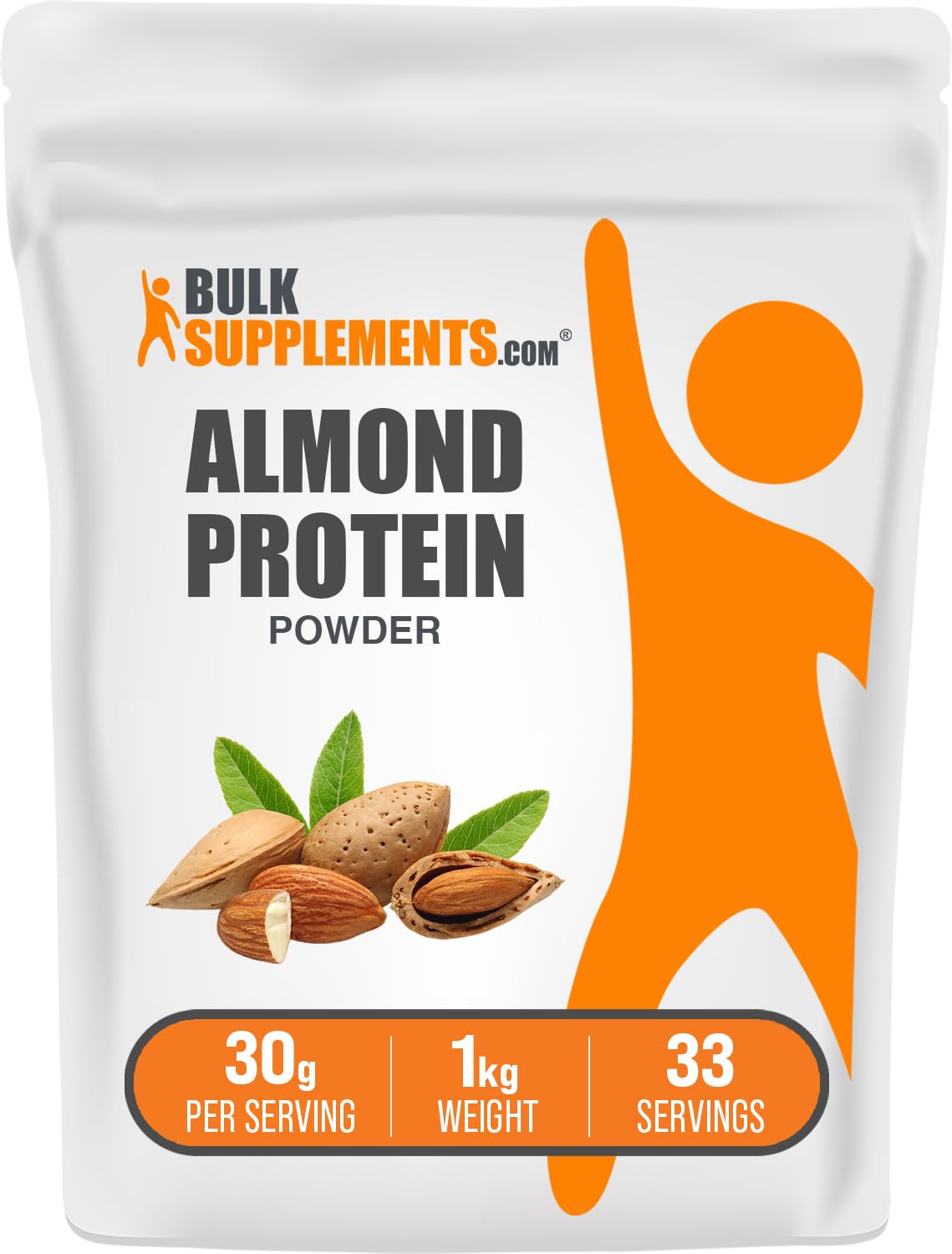 BulkSupplements almond protein powder 1kg bag for vegan, gluten-free nutrition.