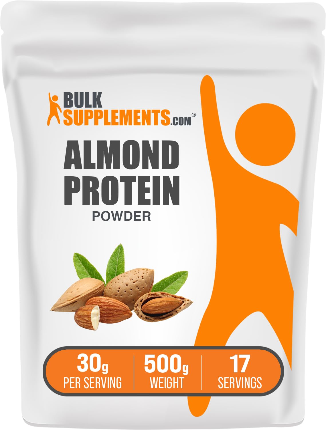 BulkSupplements almond protein powder jar front for vegan protein boosts during workouts.