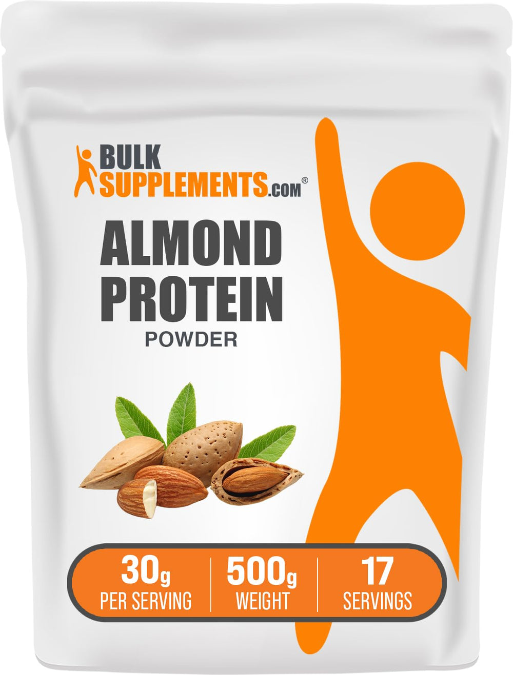 BulkSupplements almond protein powder jar front for vegan protein boosts during workouts.