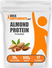 BulkSupplements almond protein powder jar front for vegan protein boosts during workouts.
